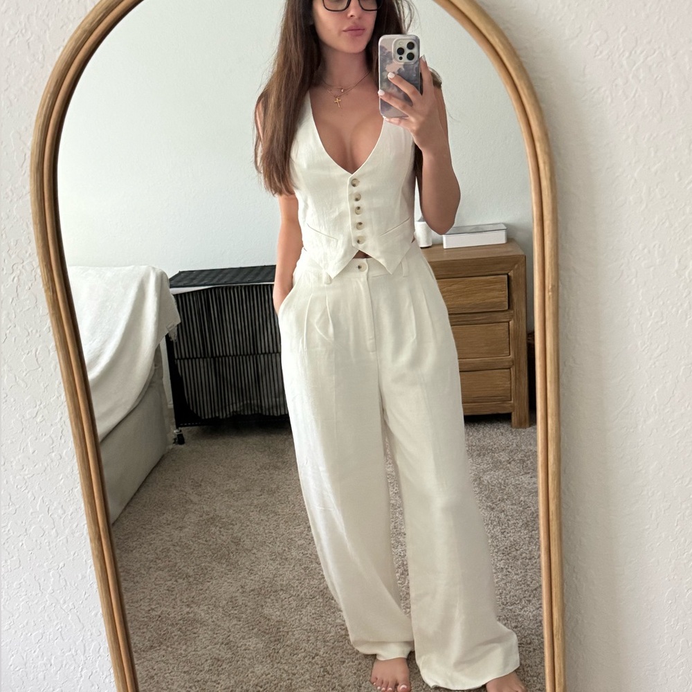 Wide Leg Linen-Blend Pants and Vest in Cream